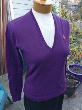 Sweater: cotton/nylon blend, purple v-neck. Size small - by Ralph Lauren